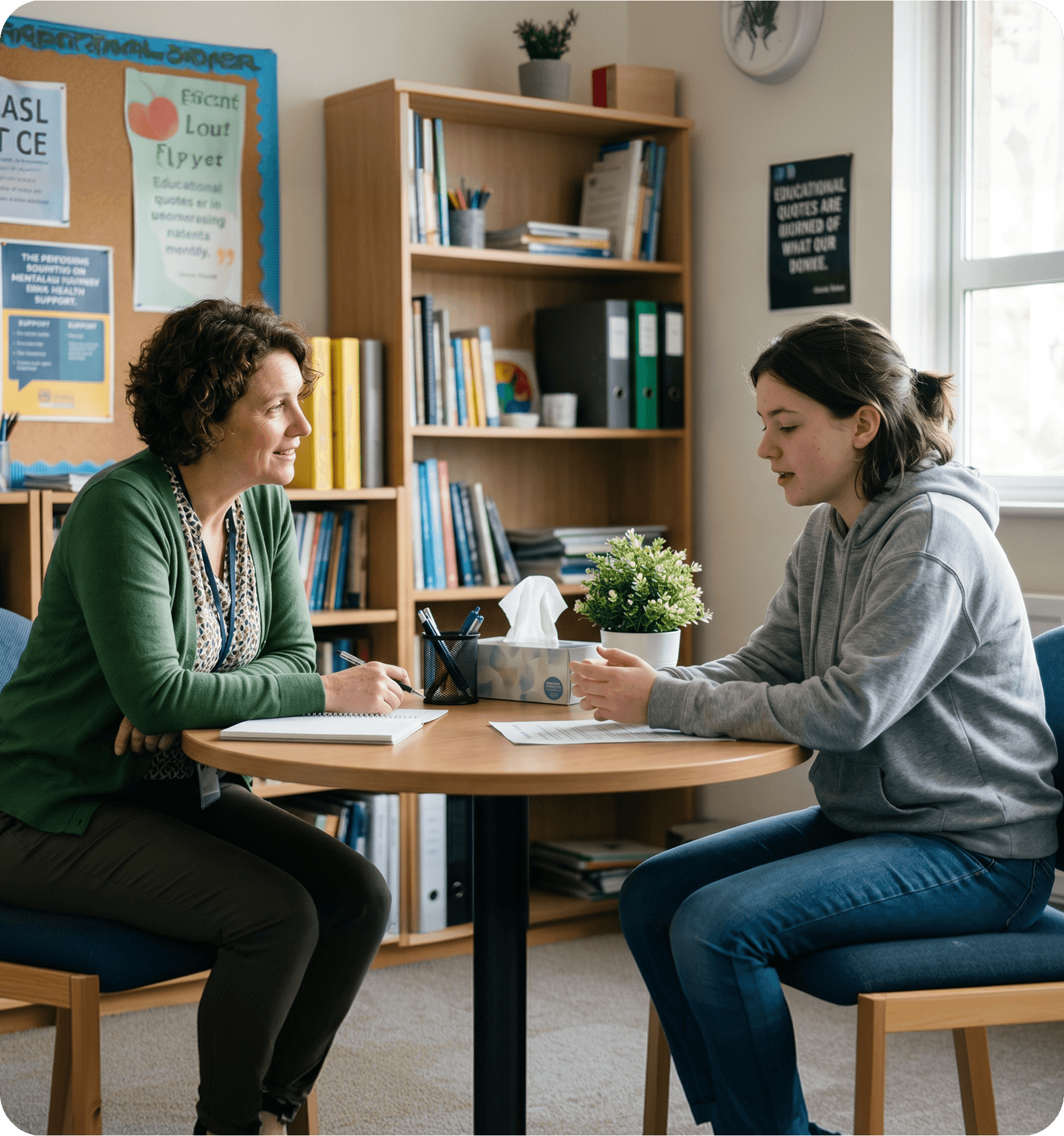 A counselor talking with a student at a table