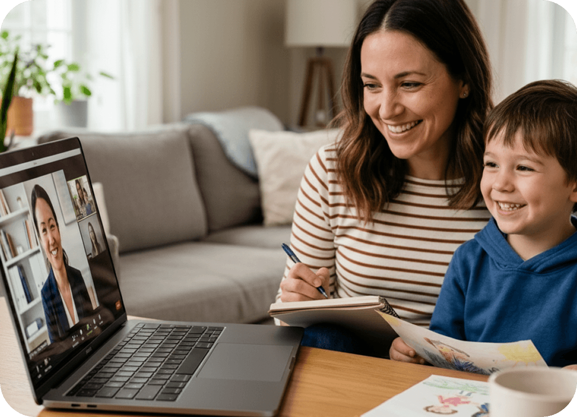 Parent and child working together with a provider on a laptop