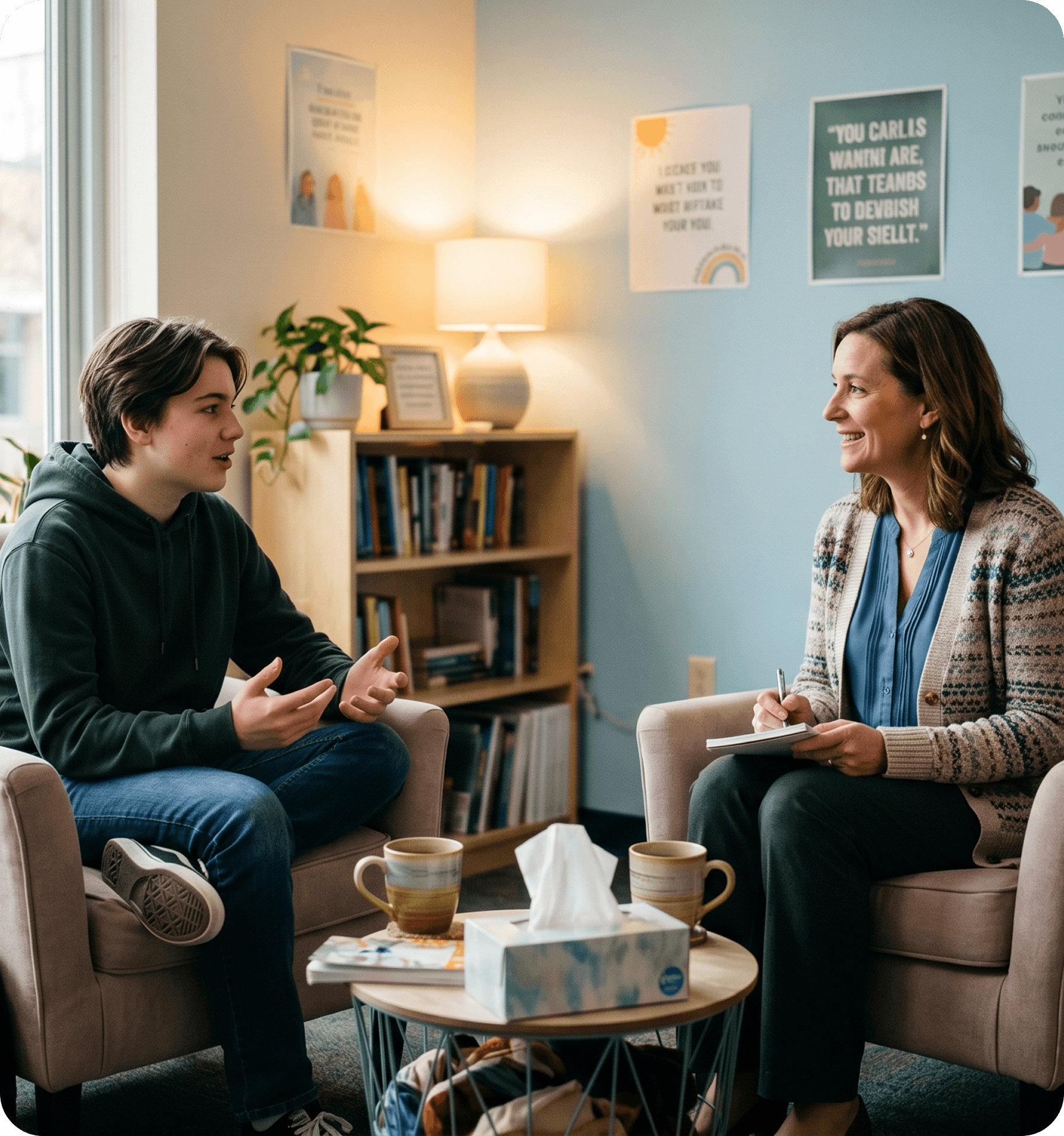 A therapist talking with a student in a counselling room