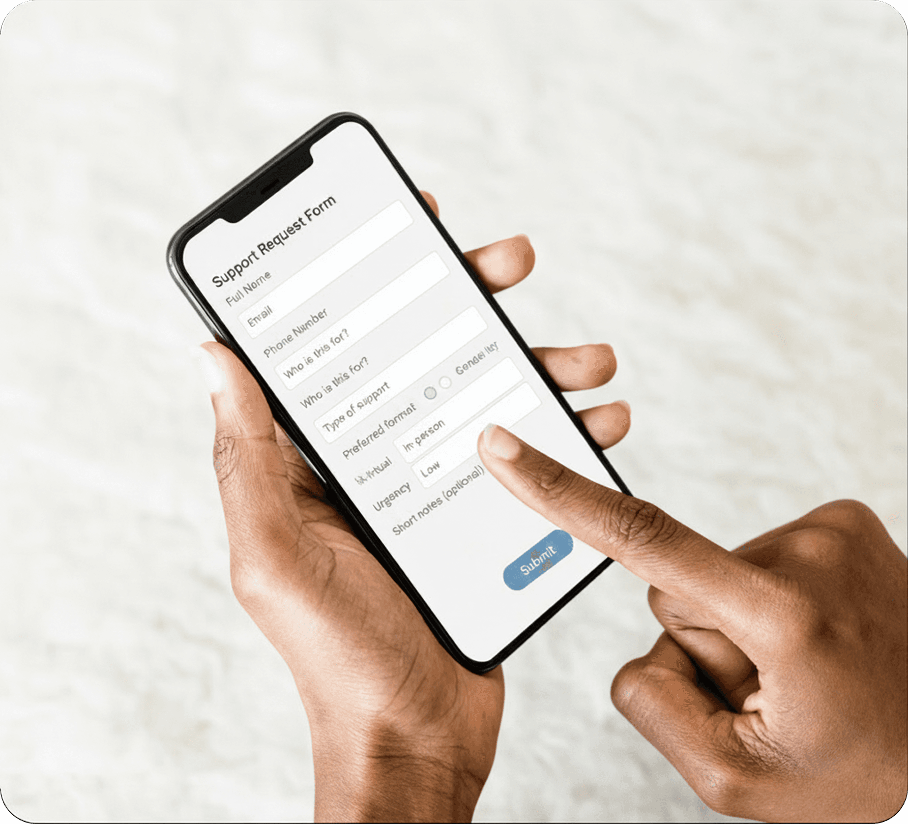 Person using a support request form on a smartphone